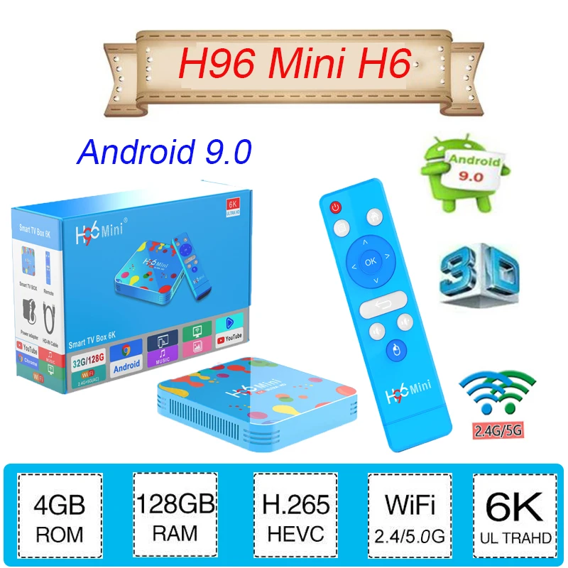 Android приставка Full HD Smart tv приставка H96 Mini H6 Android 9,0 Bluetooth Ethernet 100M Wifi 2,4G/5,0G 6K для ip tv подписки