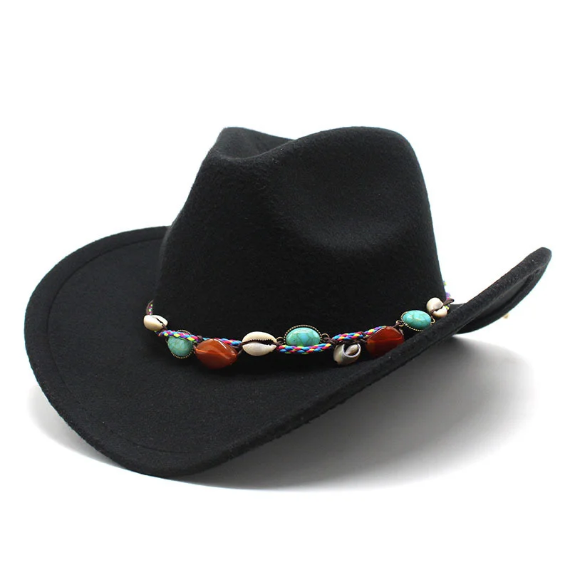 

Fashion Men Women Western Cowboy Hat With Cow Head Band Wide Brim Hat Pop Jazz Hat Winter Wool Fedora Hat Size 56-58CM
