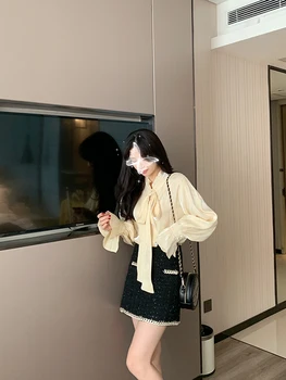 

Bow Blouse Woman 2020 Spring and Autumn New Ruffled Bow Collar Shirt Girl Ladies Blouses Loose-Fit Shirt Ruffle Long-Sleeve Top