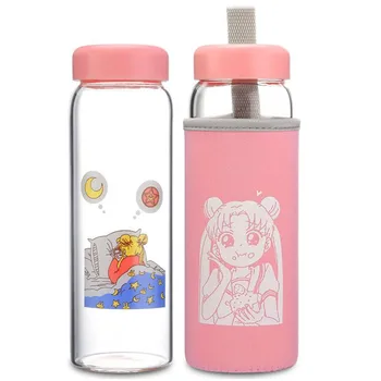 

Japanese Cartoon Glass Bottle 450ml Water Cup with Insulated Sleeve Student Portable Bottles for Milk Juice Coffee Drinkware