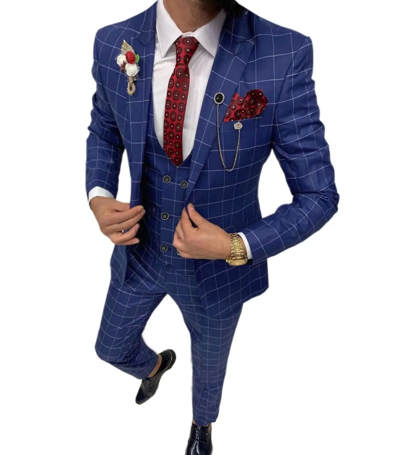 Royal Blue Casual Men's Suit Slim Fit Type 3 Pieces Double Breasted Breathable TR Plaid Thin Prom Dress Jacket Party Travel