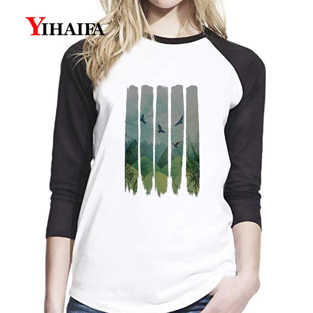 

Women T Shirts Forest Tree Printed Long Sleeve Tops White Tee Shirt Landscape Graphics Tees Casual Ladies T-Shirt Camisas