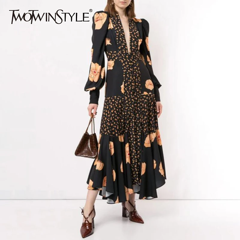 TWOTWINSTYLE Patchwork Print Dress For Women V Neck Lantern Sleeve High Waist Dresses Female 2020 Autumn Large Size Fashion New TWOTWINSTYLE Patchwork Print Dress For Women V Neck Lantern Sleeve High Waist Dresses Female 2020 Autumn Large Size Fashion New