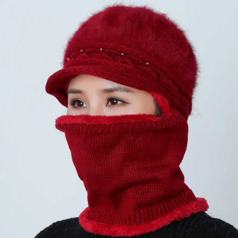 

High Quality Winter Women's Hat Plus Velvet Warm Wool Cycling Hat Knitted Caps Windproof Earmuffs Scarf One Piece-cap Mother Cap