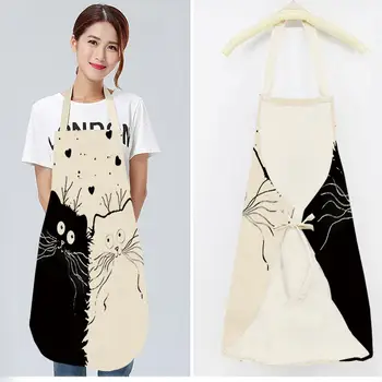 

Kitchen Cartoon Apron Cute Comic Cat Printed Cotton Linen Cooking Pinafore Home Daidle Daily Housework Anti-Stain Baking Apron