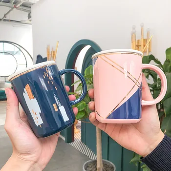 

Nordic Light Luxury Ceramic Mug Simple Milk Mugs with Lid Spoon 400ml Large Capacity Household Breakfast Cereal Mugs Coffee Cups
