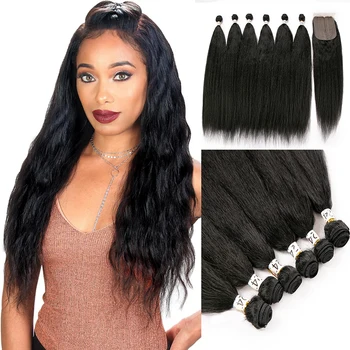 

YOUR BEAUTY HAIR Kinky Straight Hair Bundles With Closure Synthetic Hair Extensions Natural Color Hair 240g 6Pcs/Pack 24inch