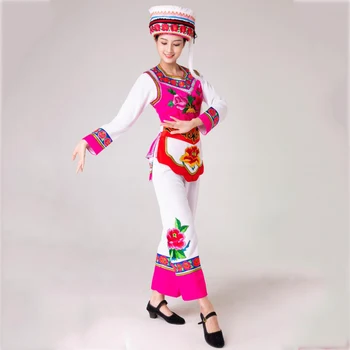 

Asia flower embroidered clothing Hmong women dance costume Festival stage wear miao national performance suit cotton linen dress