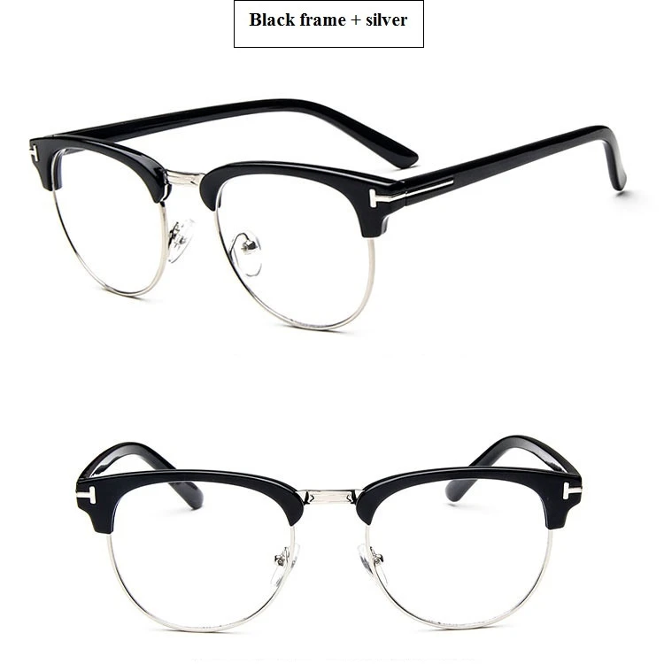 Half Metal Women Glasses Frame Men Eyeglasses Frame Vintage Square Clear Lens Glasses myopia Optical Spectacle Frame Transparent - Цвет оправы: Silver F Black