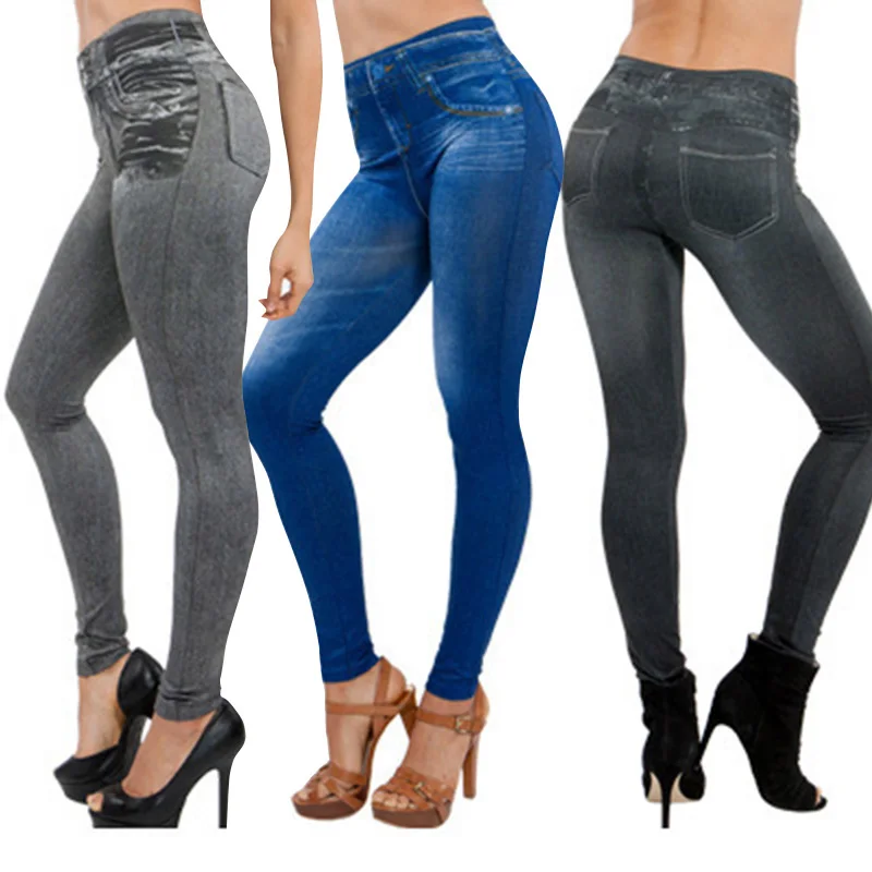 

New Plus Size Pocket Imitation Jeans Women Thin Jeans Leggings with Pocket High Waist Slim Fit Denim Pants Trousers dg88