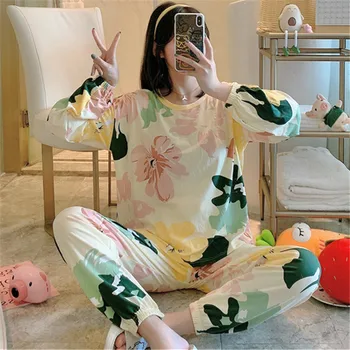 

WAVMIT 2020 New Women Pyjamas Cotton Clothing Long Tops Set Ladies Pajamas Sets NightSuit Girl Sleepwear Sets Women Home Set