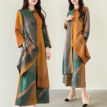 

2020 New Women's Spring Clothes Large Size Temperament Mid-Length Coat Wide Leg Pants Fashion Suit Female Two Piece Set K171