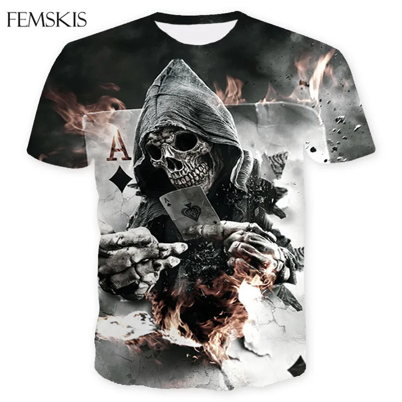 

FEMSKIS Men Summer Skull Poker Print Women Short Sleeve T-shirt 3D T Shirt Casual T-shirts Tops Tees Tshirt Oversize S-7XL