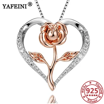 شراءYAFEINI 925 فضة القلب ارتفع القلائد كريستال دلاية من حجر الزركون قلادة عيد الحب هدية عيد الأم هدايا مجوهرات