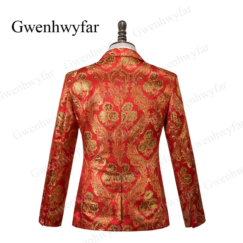 Gwenhwyfar Luxury Gold Embroidery Red Costume Homme Asian Topic Wedding Men Suit Blazer Waistcoat Pants Bowtie