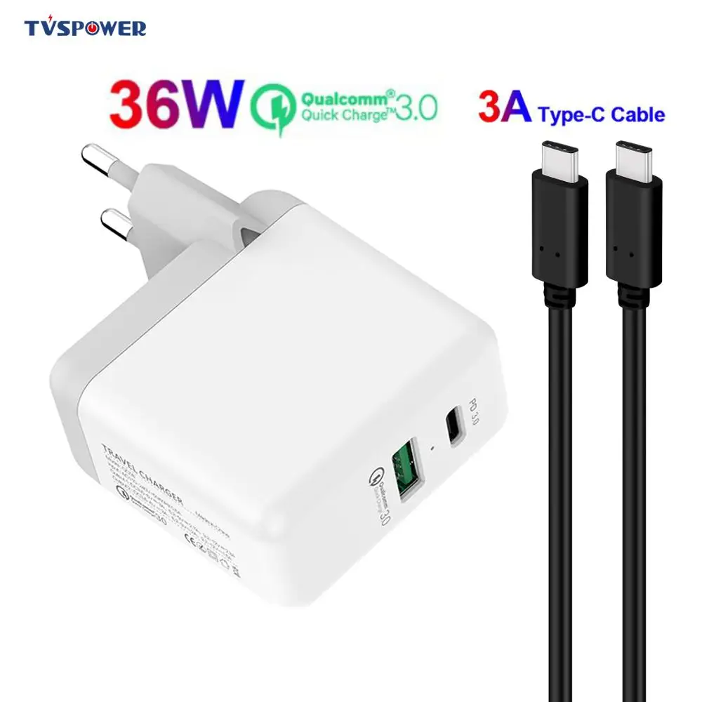 

36W 18W Type C Mobile Phone Charger Quick 3.0 2 Dual Ports Charger Adaptor for Samsung Galaxy S9 S9 Plus Xiaomi for Iphone x/8