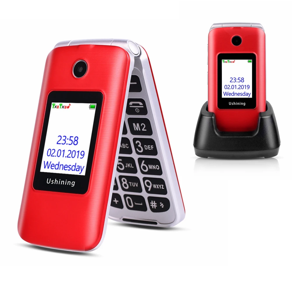  Ushining 3G Mobile Flip Phone Feature Phone Dual Screen Dual SIM Red 3G Unlocked Senior Phones Big 