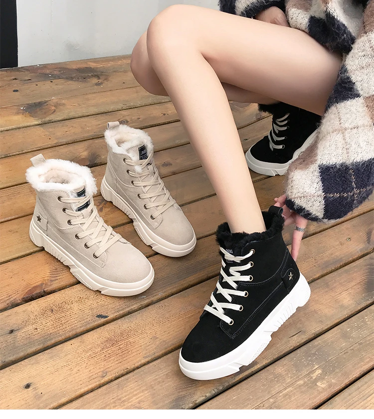 Aphixta Platform Shoes Winter Snow Boots Women Ankle Boots Flat Heel Star Lace-up Fur Bottes Flock Warm Plush Shoes Woman Boot