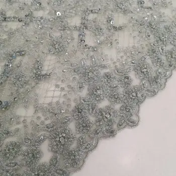 

high end handmade grey color embroidered net lace fabric with 3D flower JOY-3910 beaded african tulle lace for wedding dress f