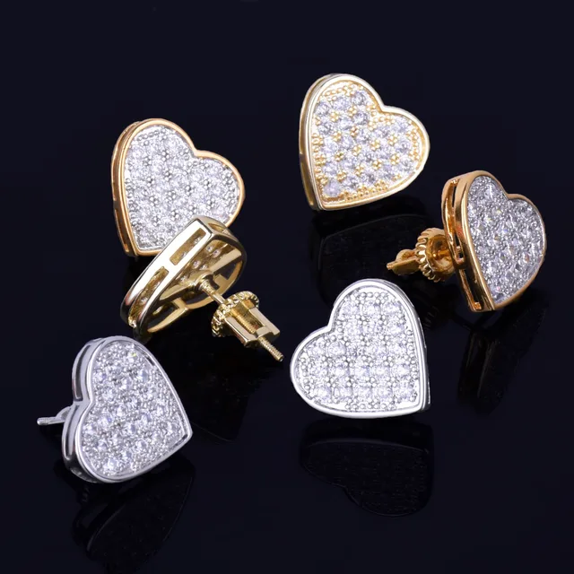 14MM Width Heart-shaped Gold Color Stud Earring For Men Women Full Cubic Zircon Screw Back Earrings Fashion Hip Hop Jewelry Gift 6