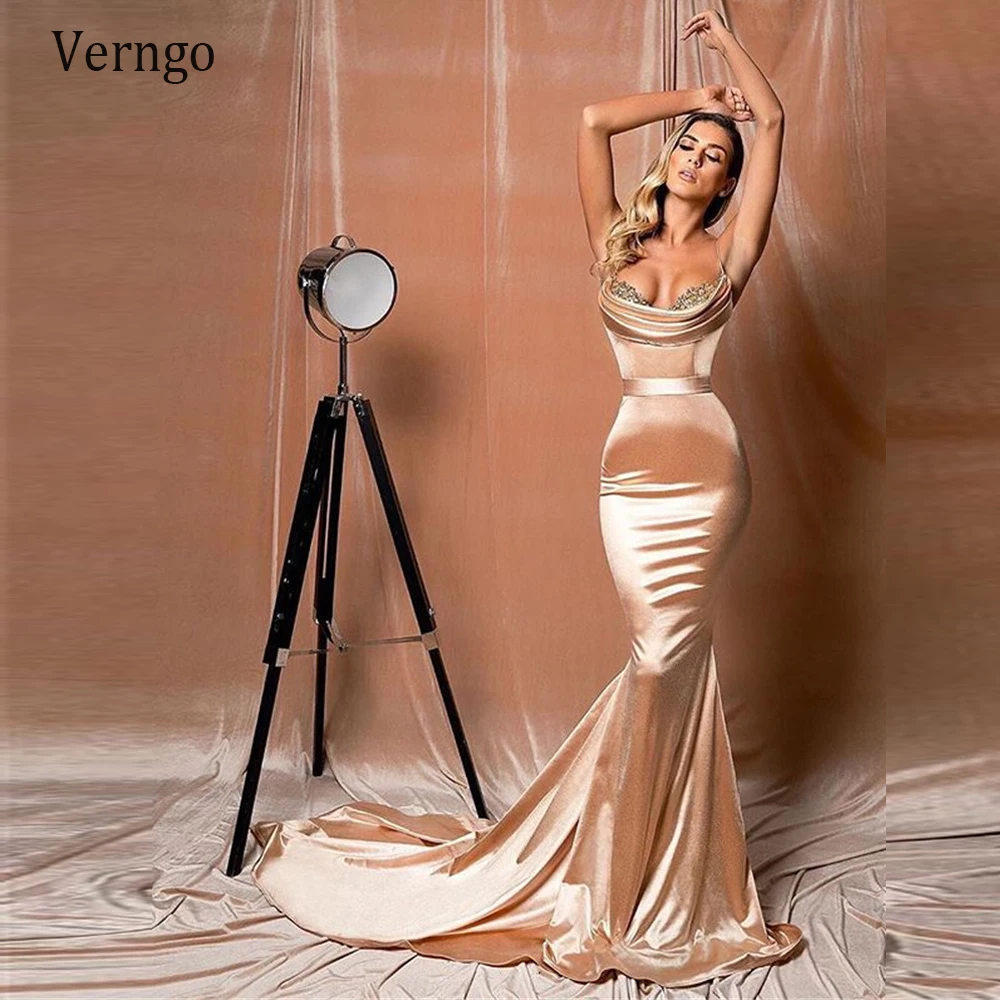 

Verngo Sexy Velour Mermaid Evening Dresses Champagne Long Party Prom Gowns Sweetheart Spaghetti Straps Formal Dress Robe