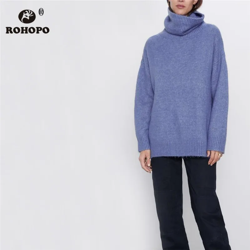 

ROHOPO Ruched Tertleneck Coollar Sweater Black Sky Blue Grey Solid Long Sleeve Loose Pullover Knitted Tops Outwear Autumn #2410