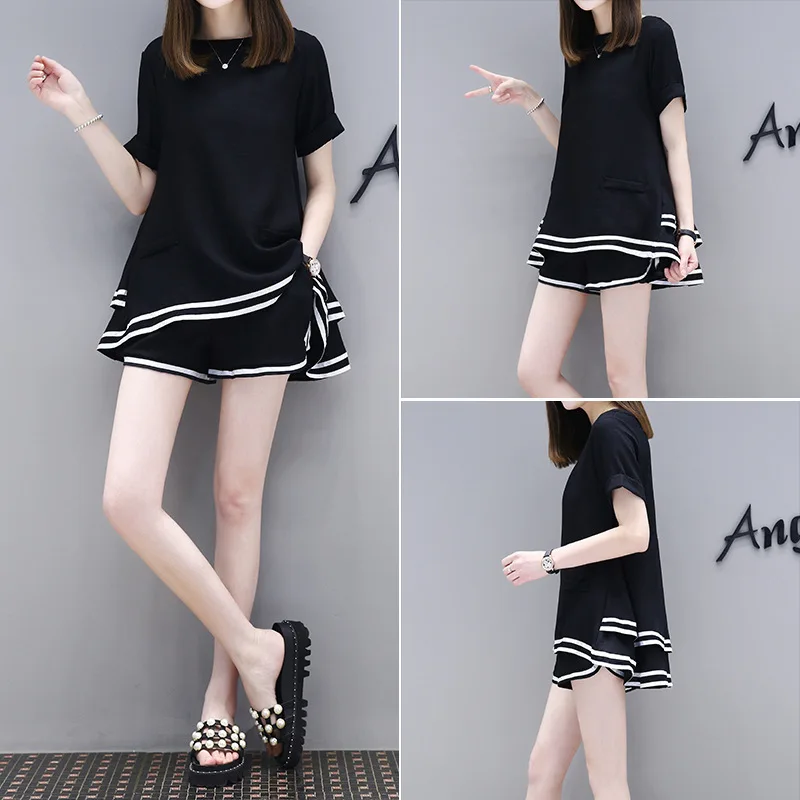 

-Ozhouzhan Summer New Style WOMEN'S Dress Loose-Fit Trendy Two-Piece Set Casual Short Sleeve Sports Shorts Set