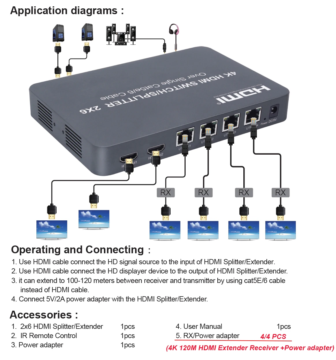 2x6 HDMI коммутатор/сплиттер удлинитель Оптический SPDIF+ 3,5 мм разъем аудио экстрактор 4 k@ 30 Гц 100 м по Ethernet RJ45 CAT5e CAT6
