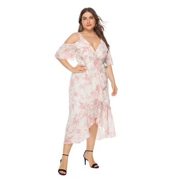 

Plus Size V-Neck Lace Dress Fashion Casual Ruffled High Waist Print With Lined Stitching Dresses 2020 Summer Women's New #SQ125
