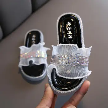 

Fashion Sequin Bow Girl Slippers Rhinestone Princess Shoes Children Beach Slipper Girl Sandals Flats Non-slip Soft Kids Slippers