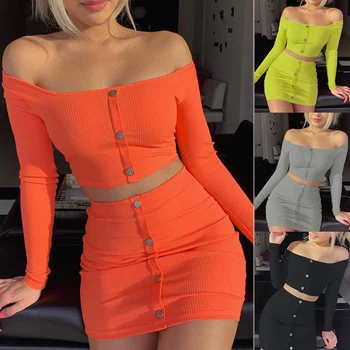 

2 PCS Fashion Women Mini Dress Set Off Shoulder Long Sleeve Mini Skirt Kit FEA889