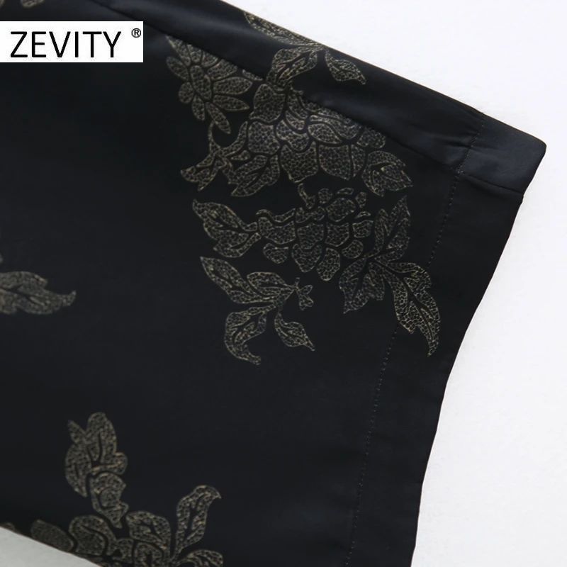 ZEVITY Women vintage flower print pockets patch straight pants female elastic waist pleats casual slim Trousers chic pants P934