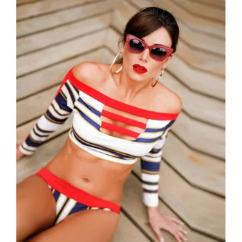 

2piece set women's Sexy tops and shorts 2020 Summer cotton stripe Prints Splicing elastic super bikini suits ladies suit twinset
