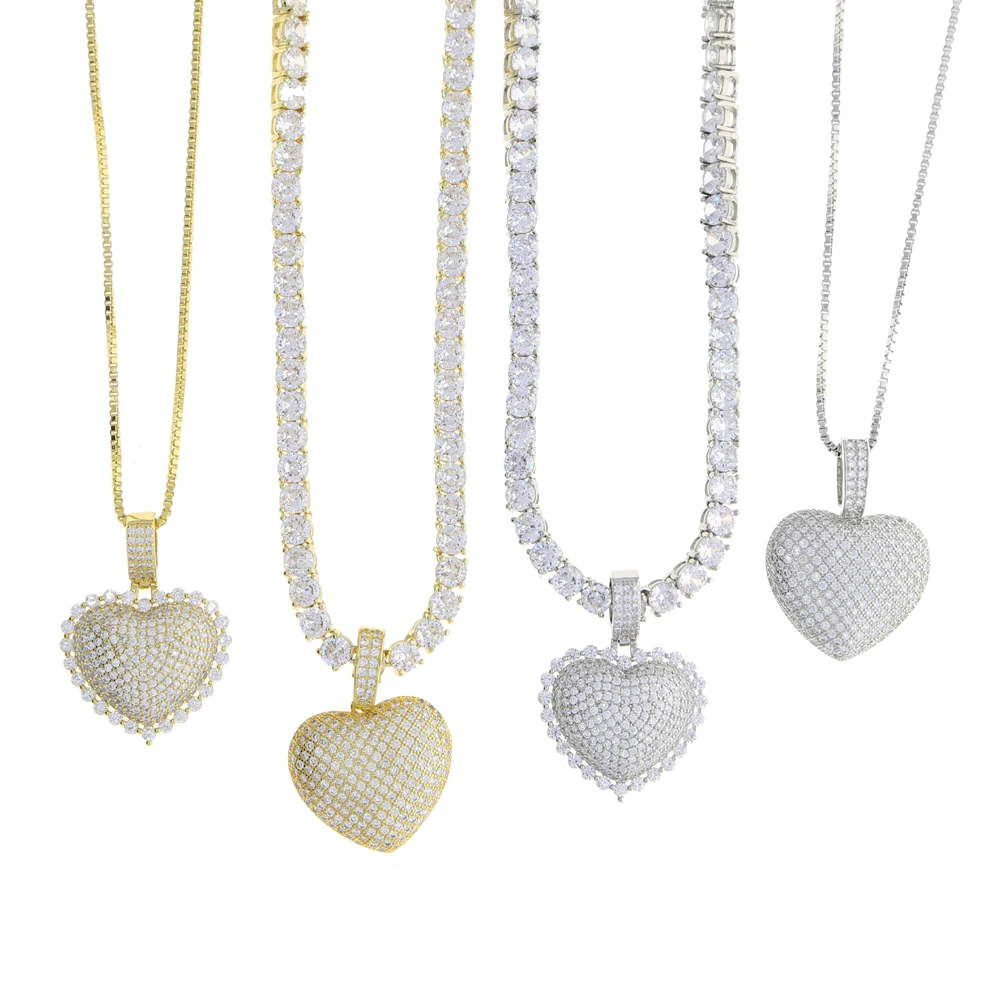 Sparking Bling 5A Crystal Paved Heart Charm Pendant Hip Hop Love Necklace for Women Men 5MM Cz Tennis Chain Jewelry Drop Ship