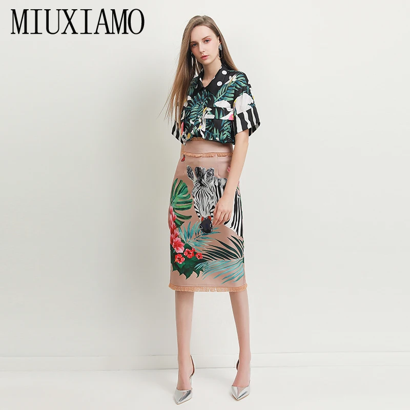MIUXIMAO, лучшее качество,, офисный женский осенний комплект-двойка, элегантный топ с коротким рукавом, роскошный цветочный принт с зеброй, костюмы для женщин, Vestido