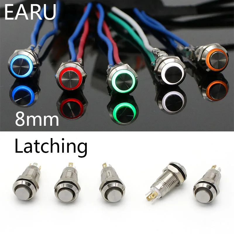 

8mm Waterproof Latching Maintained High Round Stainless Steel Metal Push Button Switch Light Shine Car Horn Fix 3V 5V 12V 24V