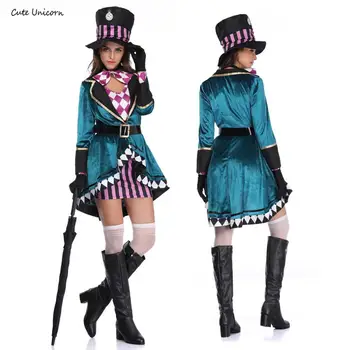 

Alice in Wonderland women Cosplay Costume mad hatter adult Outfit Fancy Dress plus size Halloween party Carnival Witch Costumes