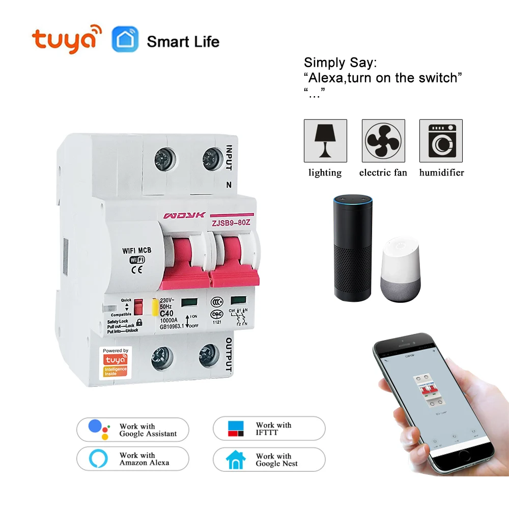 

Tuya( Smart Life) 2P 80A WiFi Smart Circuit Breaker overload short circuit protection Amazon Alexa Google home for Smart Home