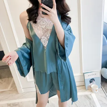 

Sexy Lingerie Nightwear Comfortable Night Gown Suit 3 Piece Set Lace Robe Sleepwear Women Satin Silk sling+shorts+robe set
