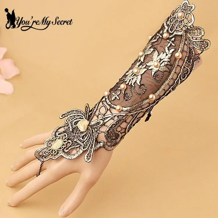 [You're My Secret] Gold Glove Chain Women Bracelet Vintage Lace-set Pearl Gothic Jewelry For Female Hallow Wristband | Украшения и