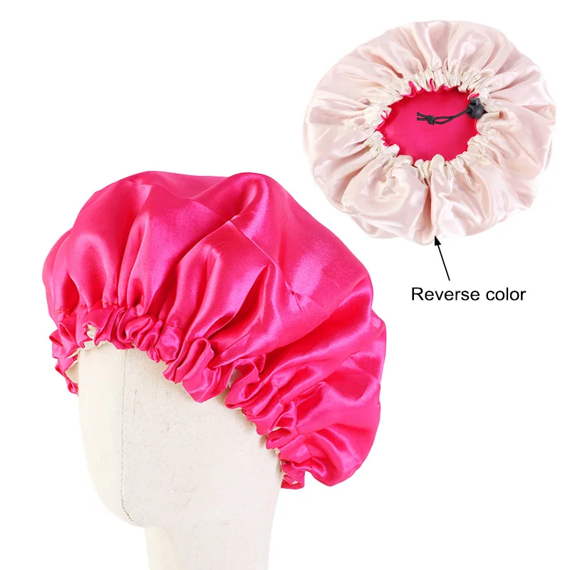 Регулируемая Шапочка для сна для девочек, ночная тюрбан, детский однотонный головной убор, милая шапка, аксессуары для волос, детская шелковистая Атласная шапочка, двухслойная - Цвет: Розово-красный