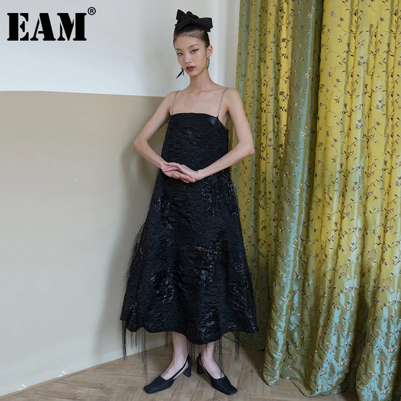 [EAM] Women Black Jacquard Temmperament Spaghetti