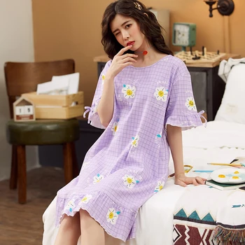 

Summer Light Purple Small Flower Women Sleepwear M-3XL Nightgowns Home Wear Girls Sleep Lounge Nightgrowns Dress Home Clothing