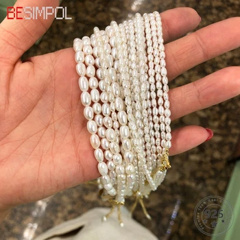 

Besimpol 4*5mm 6*7mm French Style Freshwater Pearl Necklace Real 925 Sterling Pure Silver Choker For Women Gold Necklace Jewelry