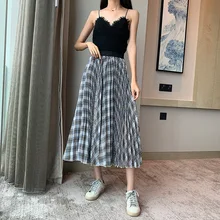 TVVOVVIN любовные ощущения раздавленная юбка на половину тела Женская клетчатая Высокая талия Осенняя плиссированная юбка на половину тела длинная юбка ZX096