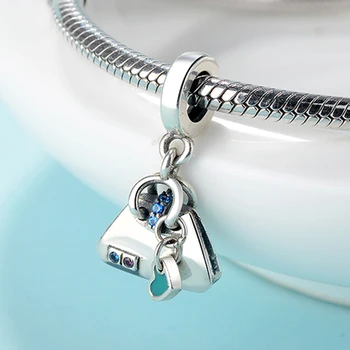 

Strollgirl 925 sterling silver Blue Enamel Handbag Charms Zircon beads Fit Pandora Bracelet for Women Valentine DIY Jewelry