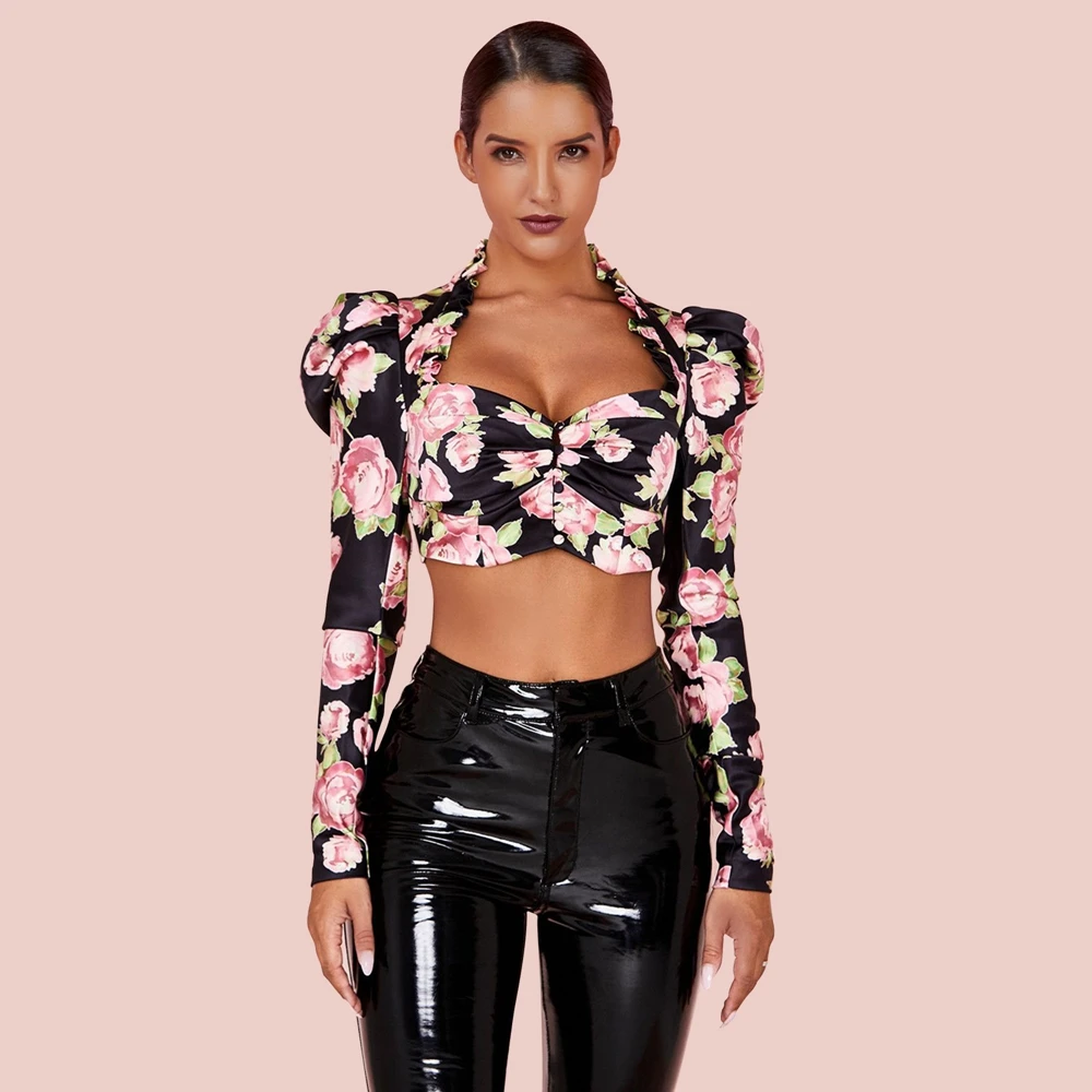 Stylor Vierkante Kraag Lange Mouw Maxi Afdrukken Bright Lederen Broek Bodycon Set HI1091-Stylor Stylor Vierkante Kraag Lange Mouw Maxi Afdrukken Bright Lederen Broek Bodycon Set HI1091-Stylor