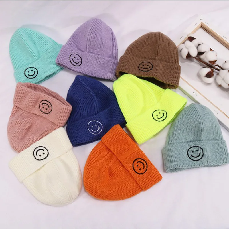 

Children's Hat Autumn And Winter New Style Wool Cap Baby Kids Fluorescence Color Simple Skullcap Men And Women Children Smiley K