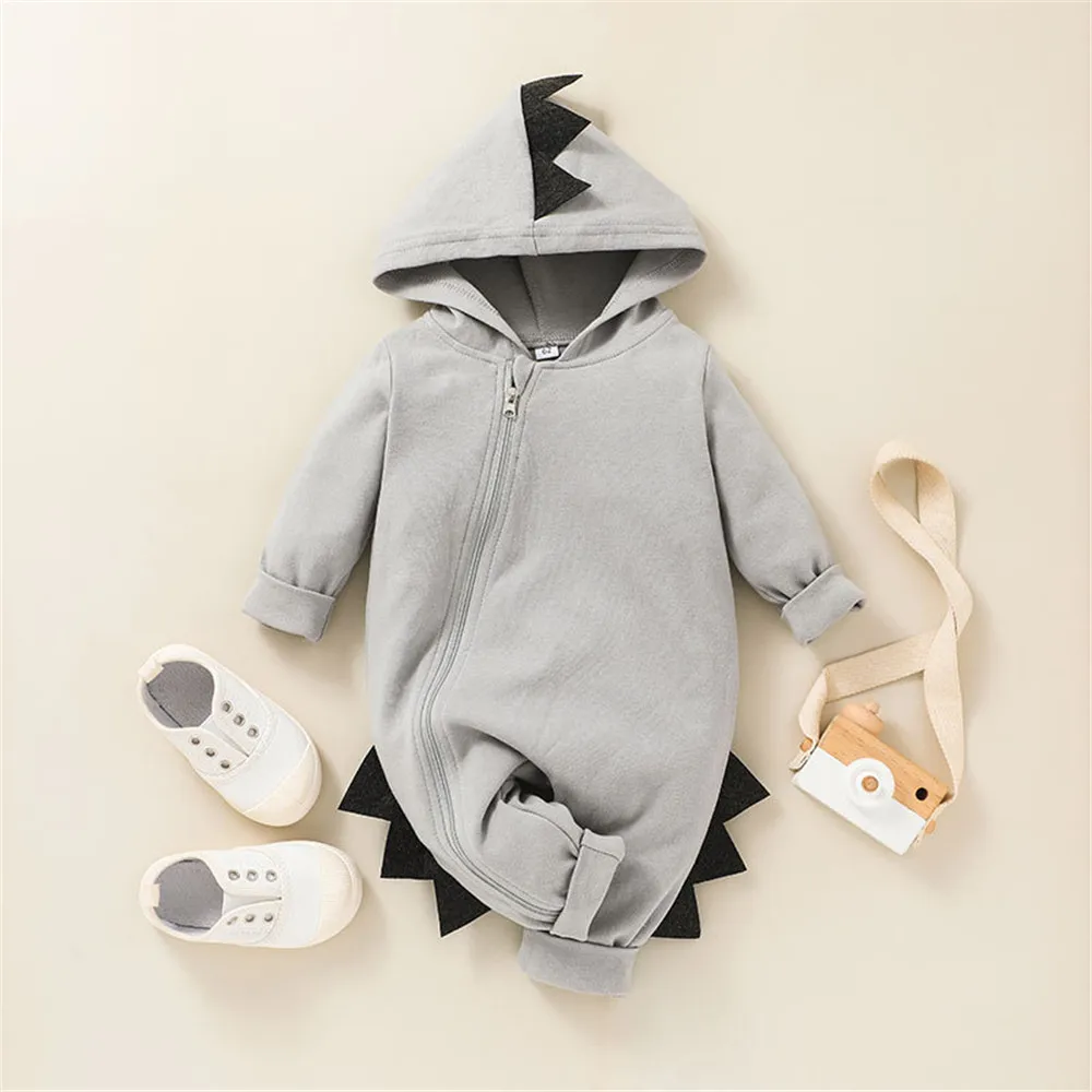 Warm Baby Bodysuits  ZAFILLE 100% Cotton Newborn Baby Clothes Solid Hooded Zipper Jumpsuit Rompers Toddler Newborn Boy Girl Cartoon Dinosaur Costume Newborn Sailor Romper Girls Boy Costume Anchor