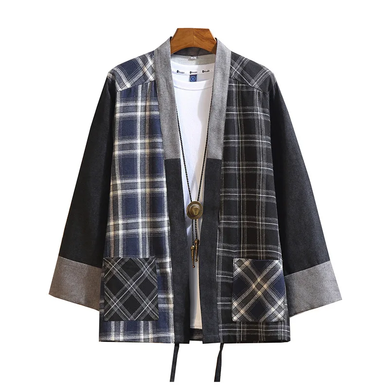 

New Japanese Men Cotton Plaid Kimono Japan Haori Outterwear Hanten Coat Fashion Male Samurai Clothing Kimono Yukata Clothes